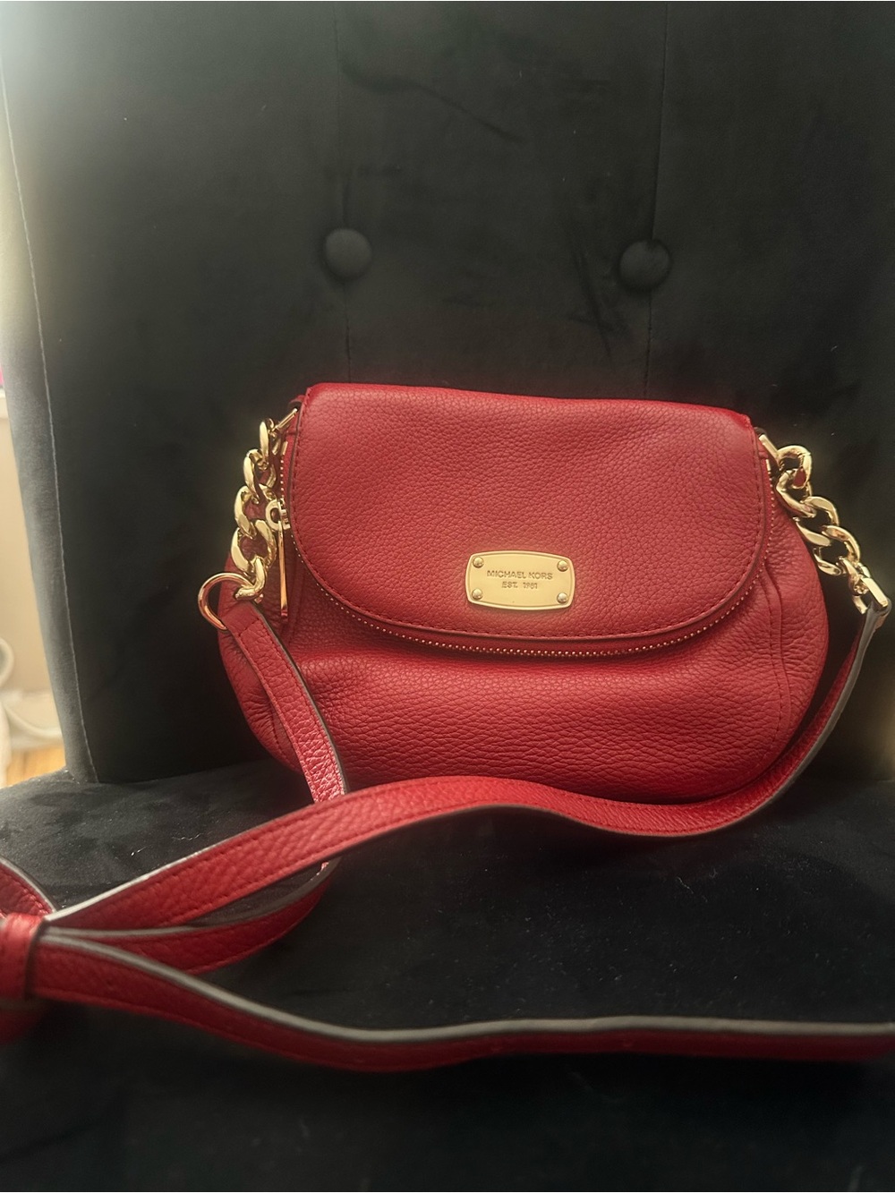 Michael Kors Red Pebbled Leather Saddle Crossbody with Gold Hardware